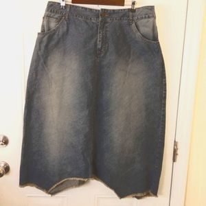 Cato blue denim five pocket A-line asymmetric fringe hem skirt